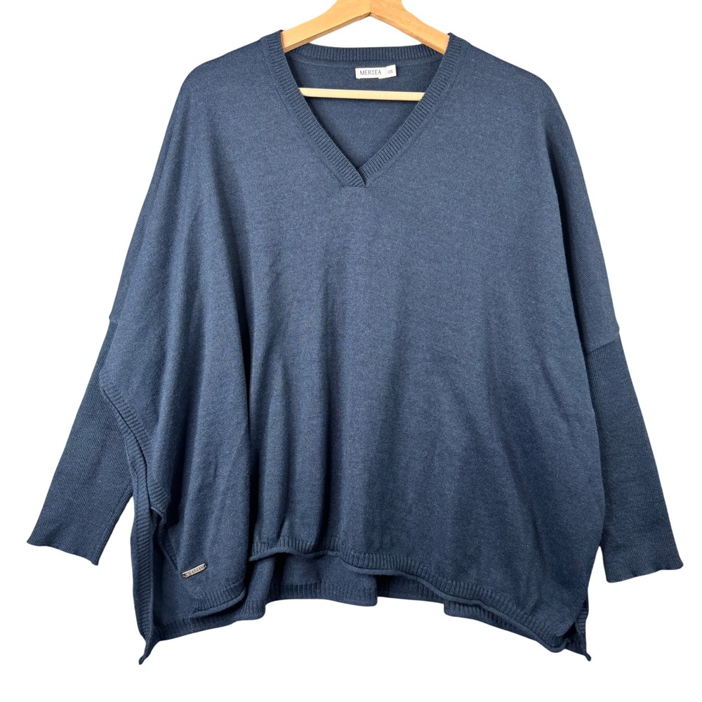 Mersea Blue Oversized Catalina V-Neck Fine Knit Sweater Side Slits One Size